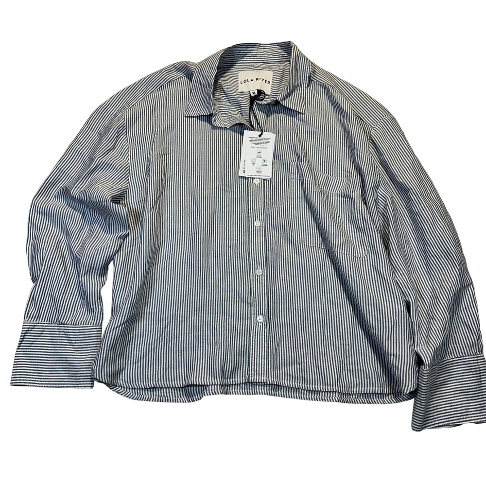 Lola River Brooke Shirt Women XL Ocean Blue Striped Coastal Tencel Button Down